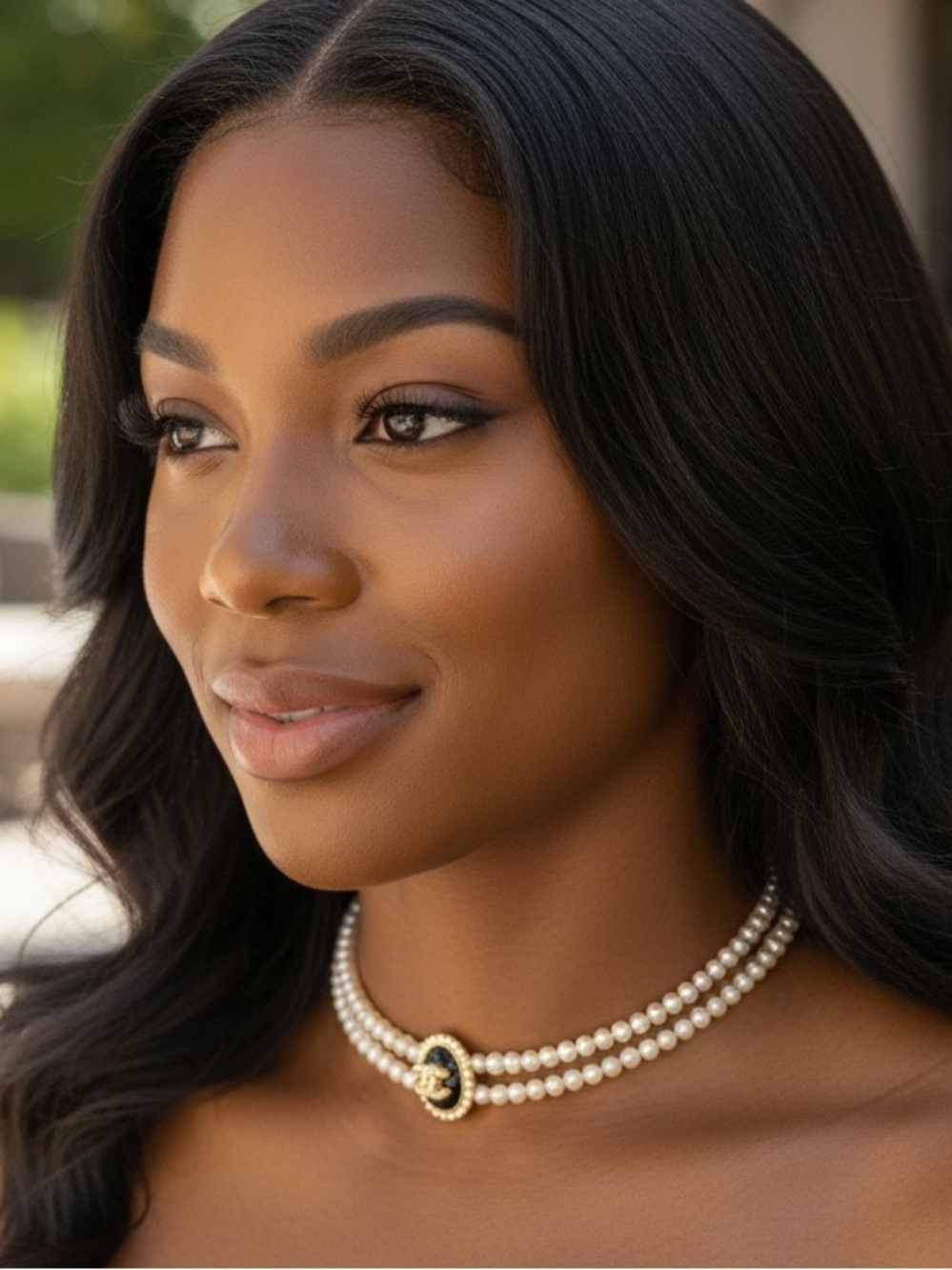 Designer faux Pearl Double Strand sparkling Choker Necklace Gold tone NEW